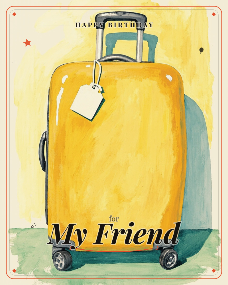 A glossy mustard-yellow suitcase stands upright with its handle extended and a blank luggage tag hanging from the top, painted in loose, visible…, a birthday e-card design