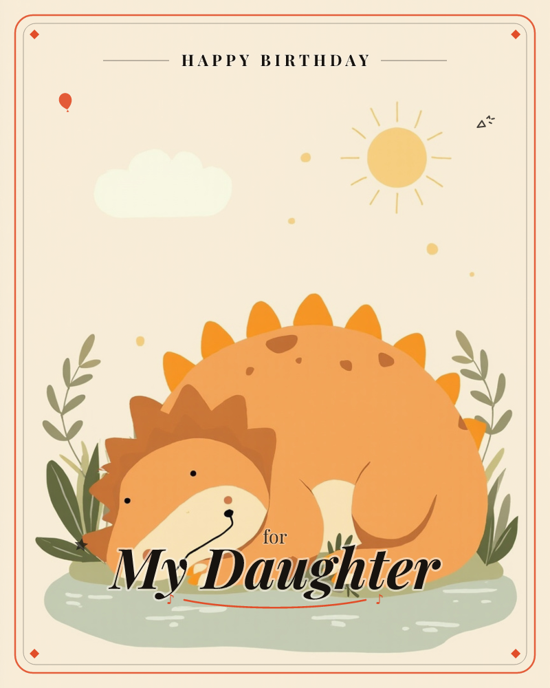 A round, sleepy orange dinosaur curls up on a patch of pale green ground, ringed by simple leafy fronds, a birthday e-card design