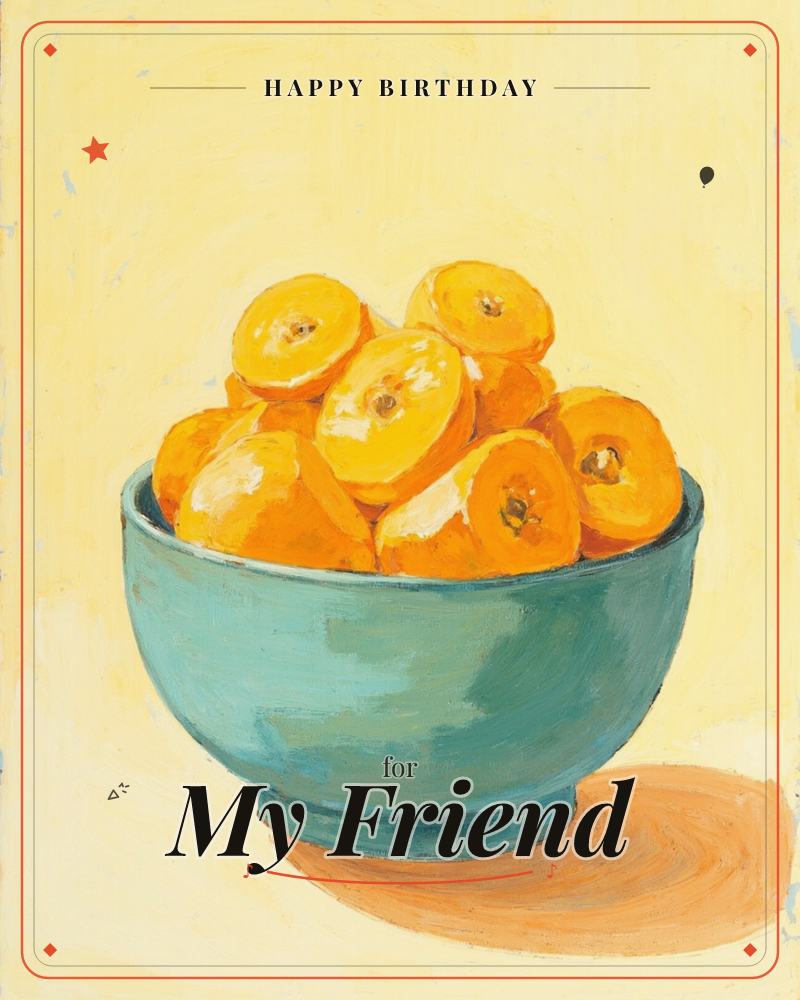 A turquoise bowl sits piled high with halved oranges, their cut faces facing outward in a bright citrus cluster, a birthday e-card design