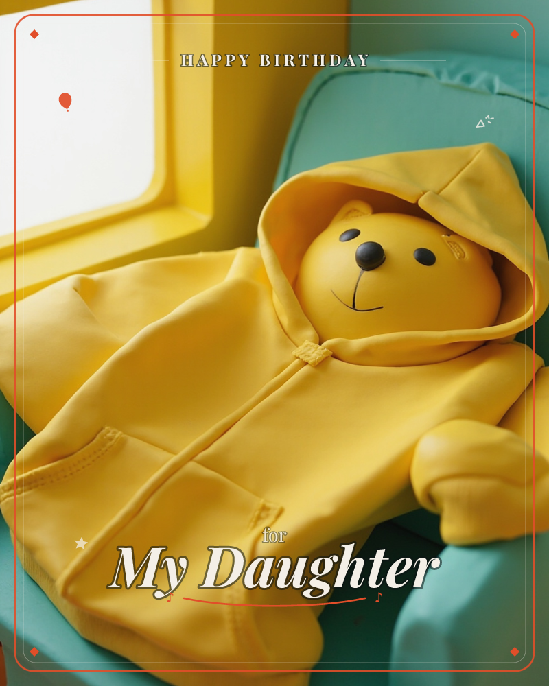 A round-faced yellow teddy bear with a glossy, cartoonish smile lounges in an oversized yellow hoodie, sunk into a teal armchair beside a matching…, a birthday e-card design