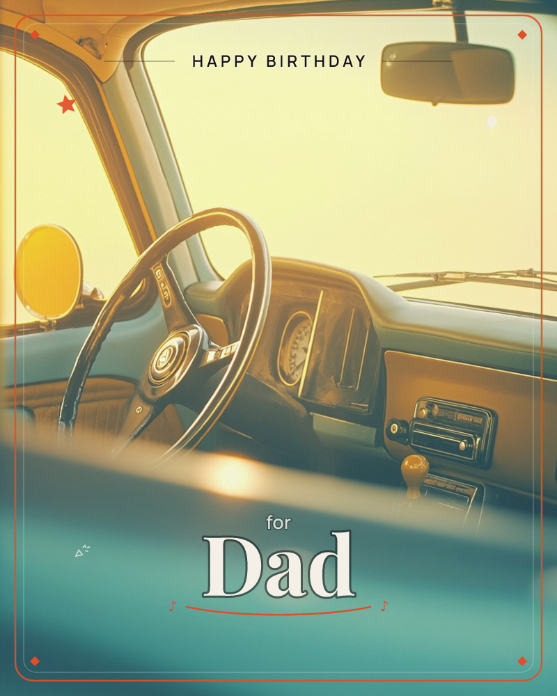 A close-up view inside a vintage car looks out through the windscreen toward a golden, sun-washed sky, a birthday e-card design
