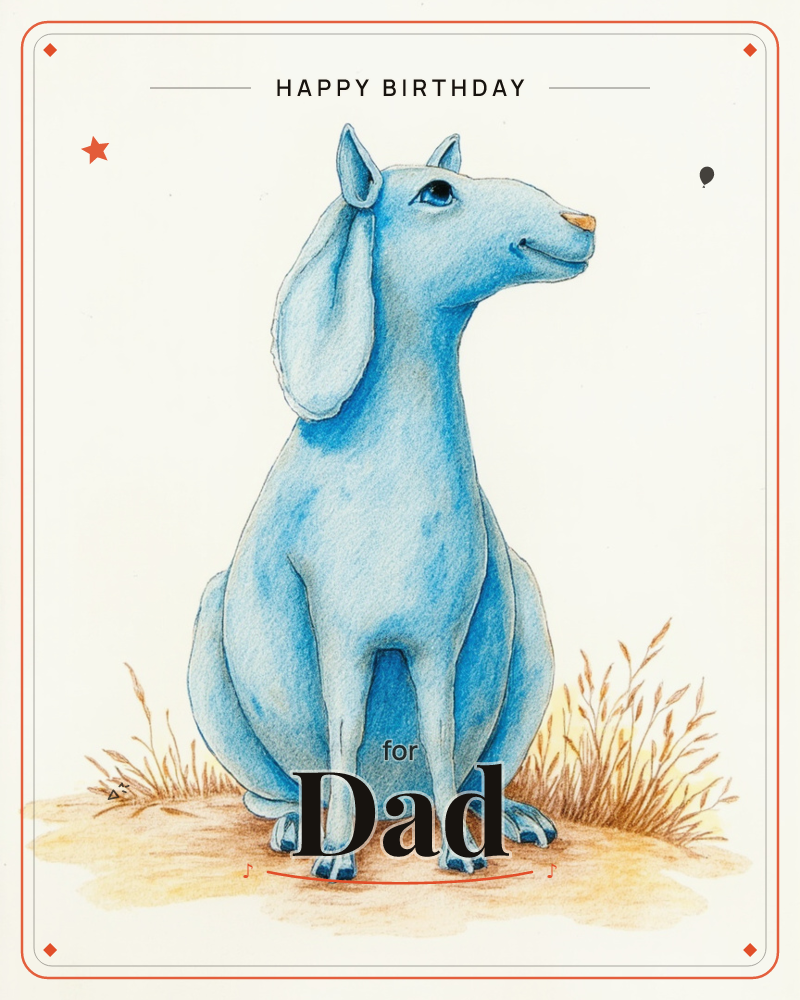 A whimsical pale blue dog with one floppy ear sits upright on a patch of golden earth, gazing up and to the side with a gentle, curious expression, a birthday e-card design
