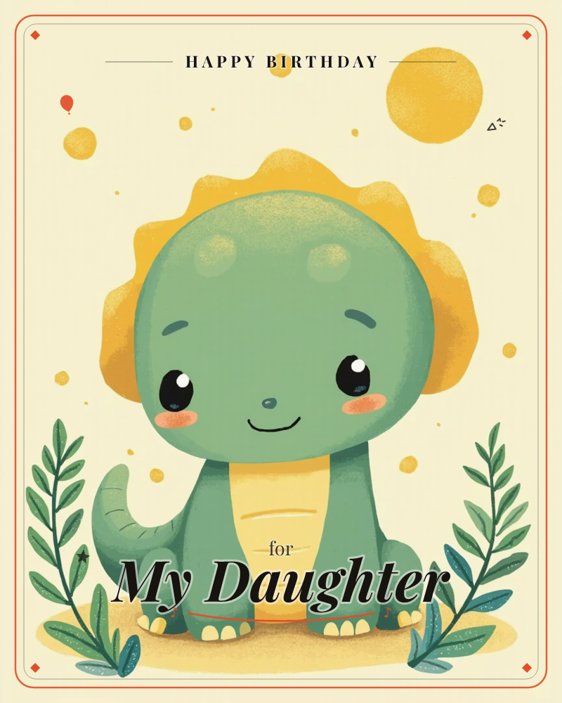 A round-bellied baby dinosaur sits front and centre on a pale butter-yellow background, its scalloped yellow frill glowing like a little sun behind its…, a birthday e-card design