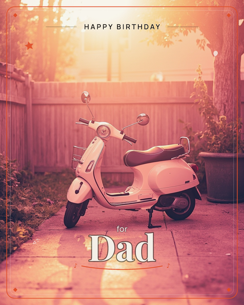 A vintage-style scooter sits parked on a stone path in a backyard, glowing under a warm sunset, a birthday e-card design