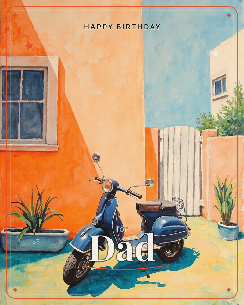 A vintage blue scooter is parked in a sun-baked courtyard between orange and blue painted walls, its long shadow stretching across warm yellow paving, a birthday e-card design