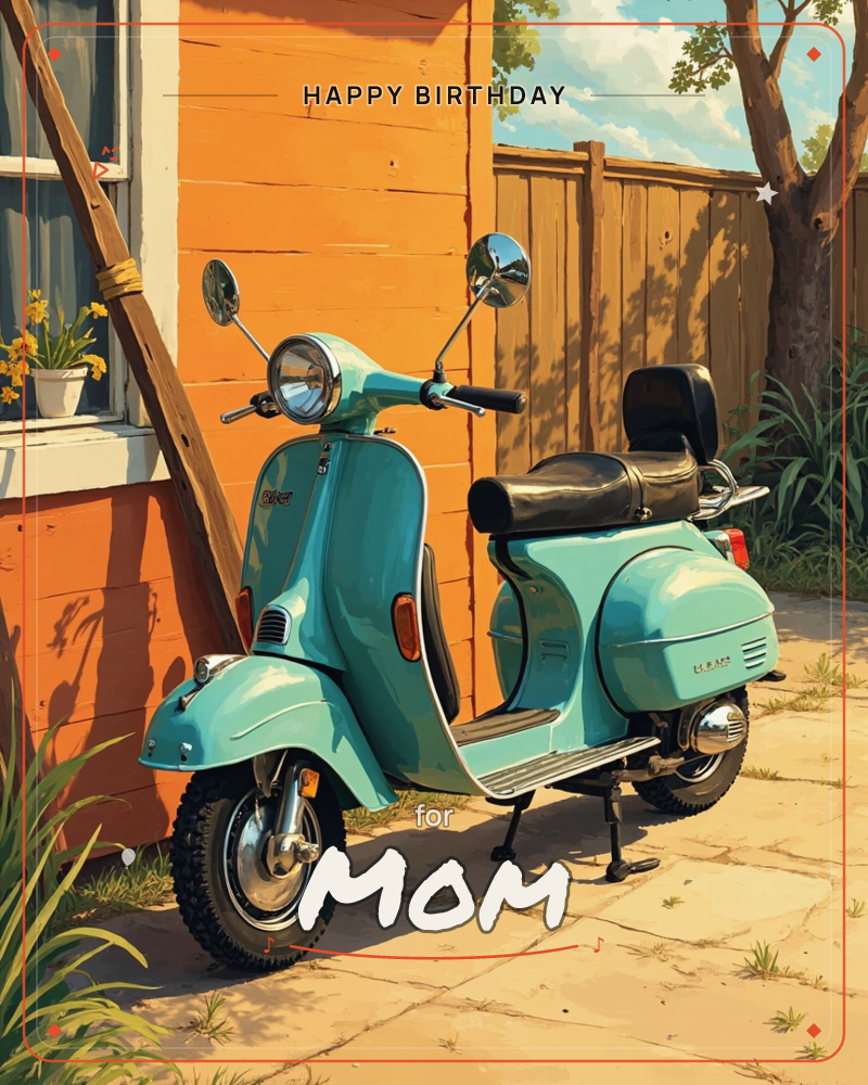 A turquoise vintage scooter rests on its kickstand against a sun-bleached orange house, its black leather seat gleaming under warm afternoon light, a birthday e-card design