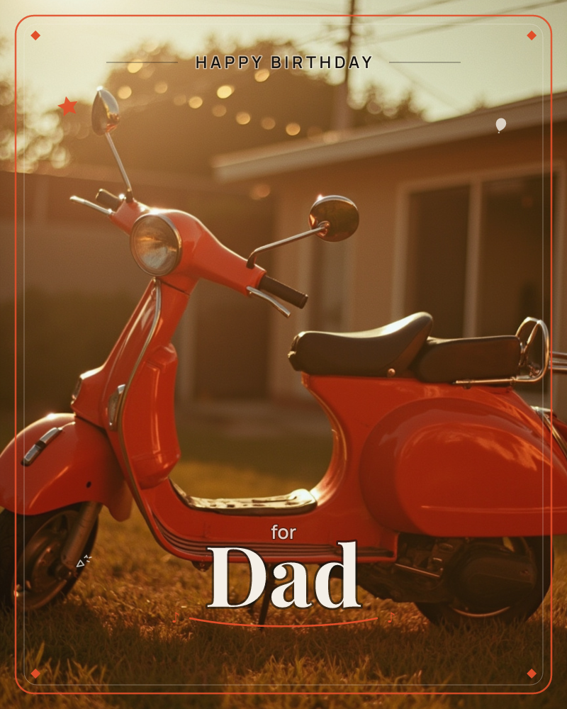 A red vintage scooter sits parked on a grassy lawn, glowing warm orange in the light of a low sun, a birthday e-card design