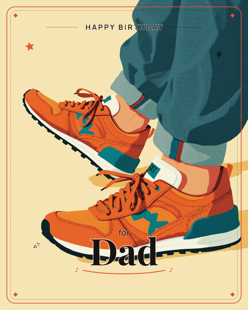 A close-up illustration shows a pair of legs cropped at the calf, wearing cuffed teal trousers and bright orange retro sneakers with teal accents, a birthday e-card design