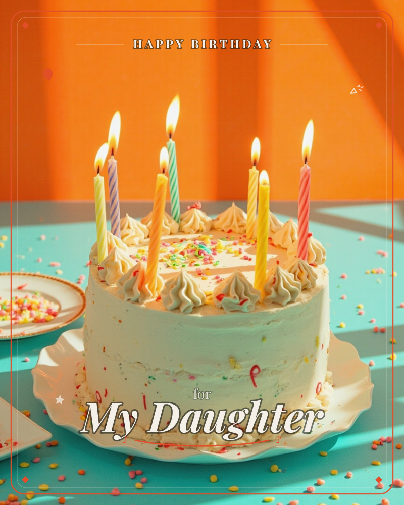 A white frosted birthday cake sits on a scalloped plate, ringed with piped buttercream swirls and scattered rainbow sprinkles, a birthday e-card design
