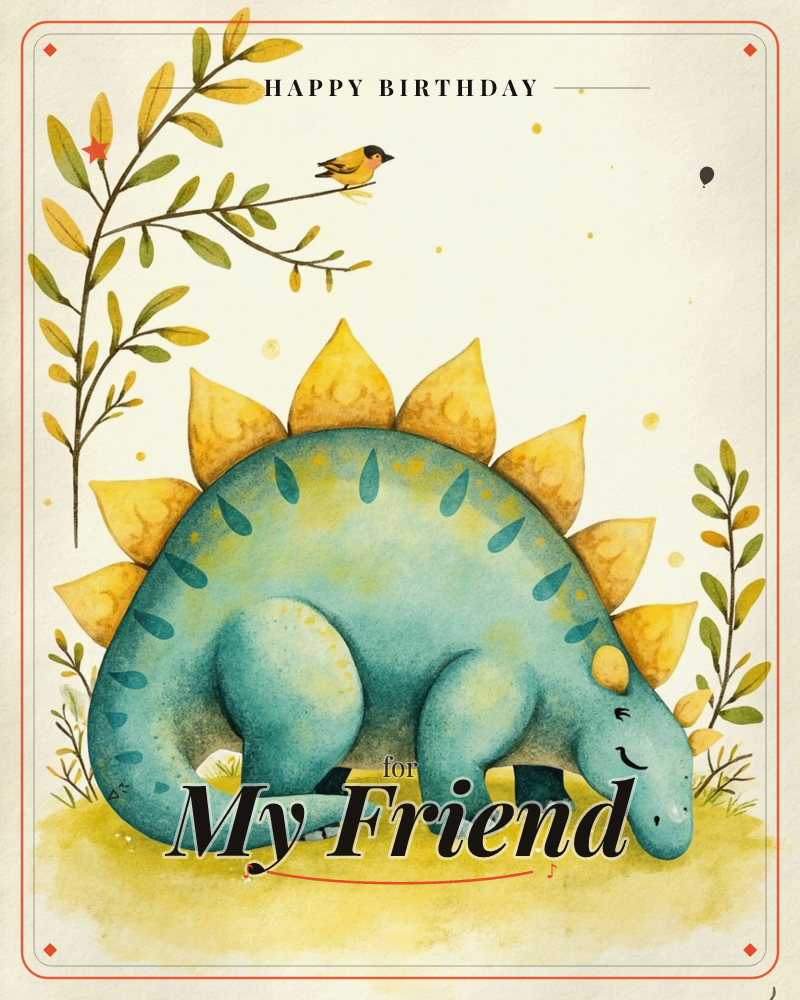 A cheerful teal stegosaurus with golden plates ambles across a sunny patch of grass, its smiling face nuzzling toward the ground, a birthday e-card design