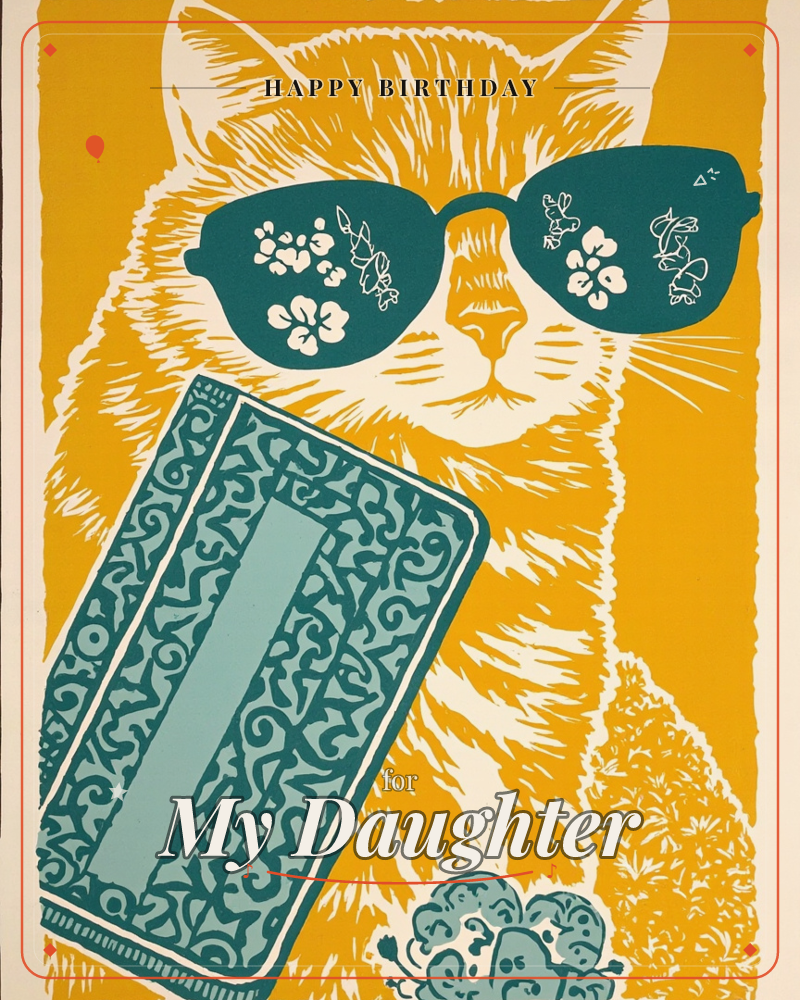 A bold linocut-style print shows a ginger cat's face filling the frame against a mustard-yellow background, wearing teal sunglasses that reflect tiny…, a birthday e-card design