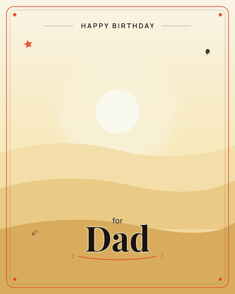 A pale sun hangs low over rolling desert dunes rendered in soft bands of gold and amber, a birthday e-card design by @DittyCityTeam
