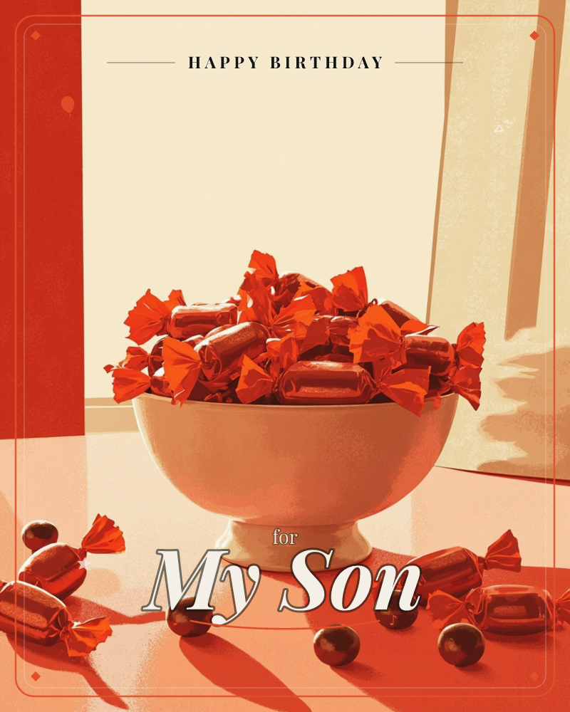 A cream-coloured pedestal bowl overflows with toffees wrapped in shiny red and orange foil, some spilling loose onto the tabletop alongside a few dark…, a birthday e-card design