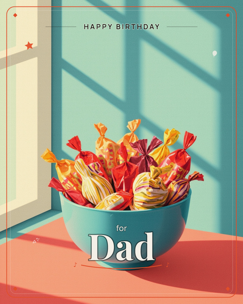 A turquoise bowl overflows with candies wrapped in twisted red, orange and yellow cellophane, sitting on a coral-pink tabletop against a teal wall, a birthday e-card design