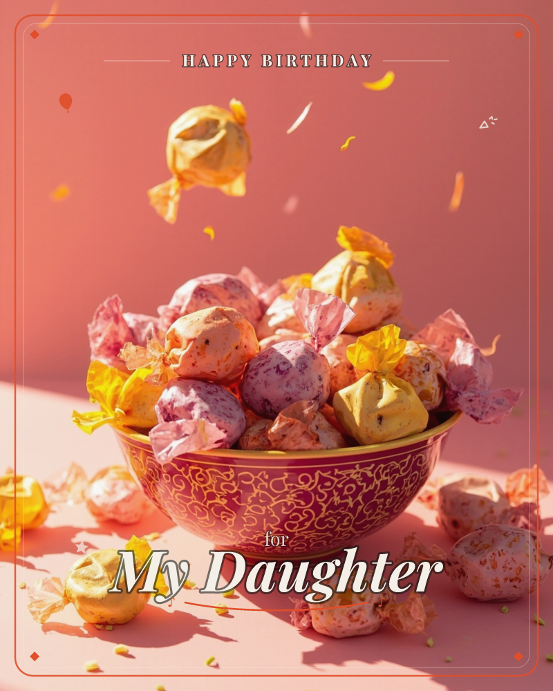 A patterned pink and gold bowl overflows with wrapped candies in pink and yellow cellophane, set against a warm coral backdrop, a birthday e-card design