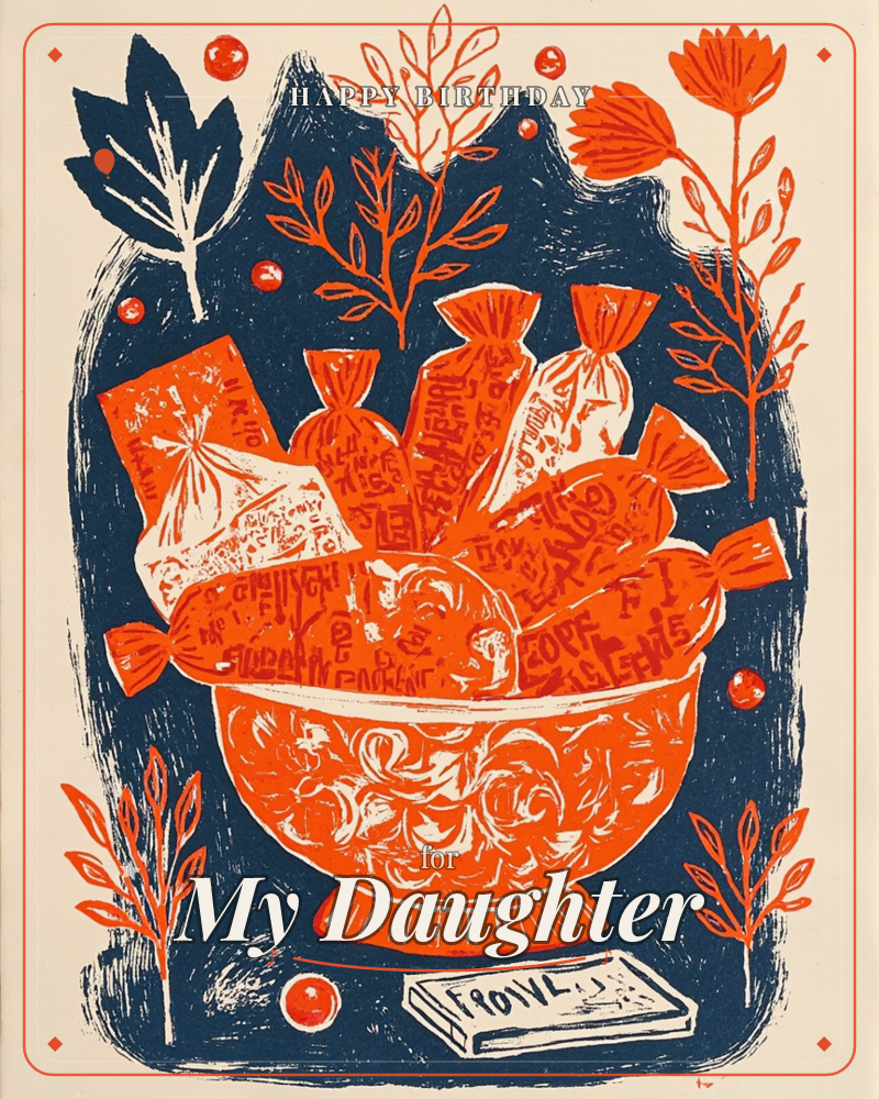 A block-printed illustration shows an ornate pedestal bowl overflowing with wrapped candies and toffees, their twisted foil ends printed with playful…, a birthday e-card design