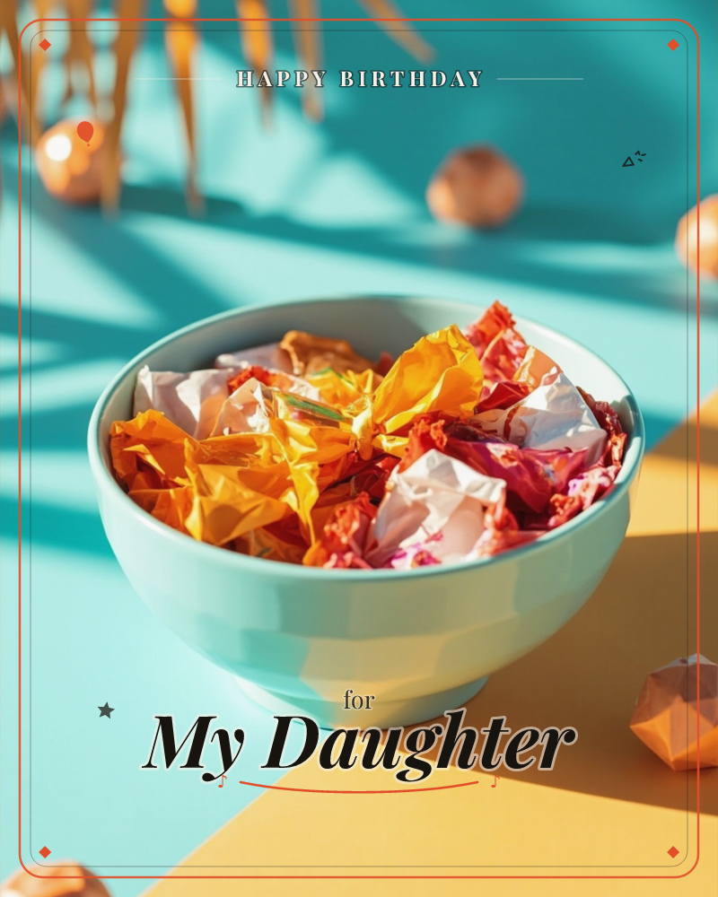 A pale mint-green bowl sits on a turquoise surface, filled with crumpled sweet wrappers in orange, red, and white, catching bright, low sunlight that…, a birthday e-card design