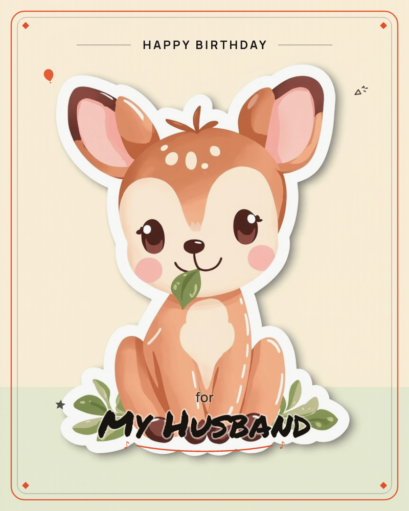A sticker-style baby deer sits front and center, big dark eyes and rosy cheeks, a small green leaf held gently between its lips, a birthday e-card design