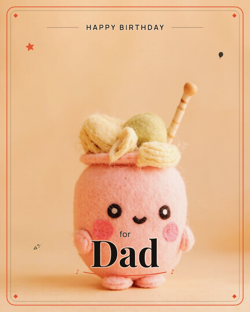 A plump felt character shaped like a little pink jar smiles with rosy cheeks and stitched eyes, its stubby arms and feet poking out below, a birthday e-card design
