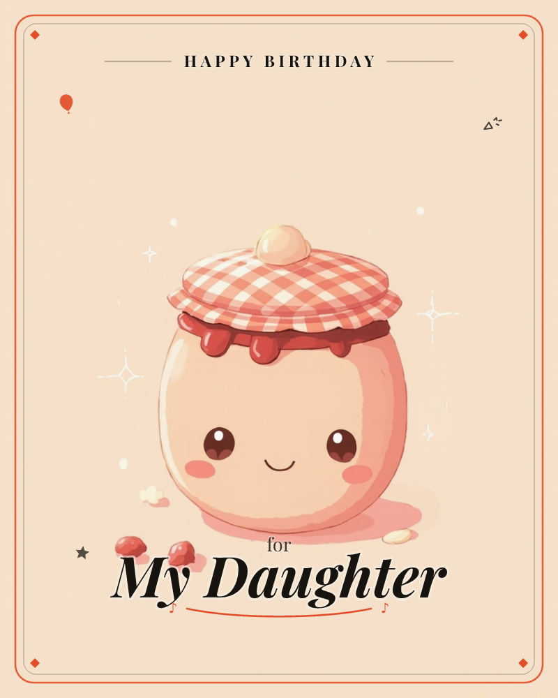 A round jam jar with a smiling kawaii face sits against a soft peach background, its gingham lid tied down with a little knob on top, a birthday e-card design