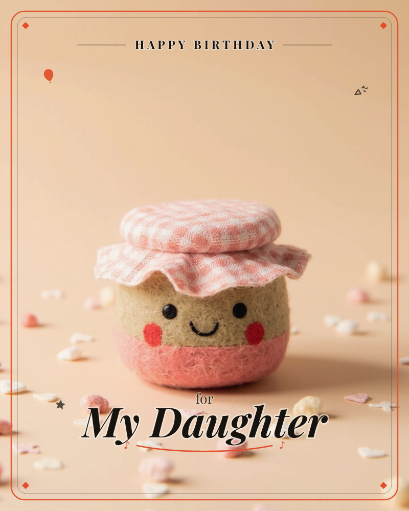 A felted jam jar with a smiling face and rosy cheeks sits topped with a gingham fabric lid, surrounded by scattered pastel confetti on a warm peach…, a birthday e-card design