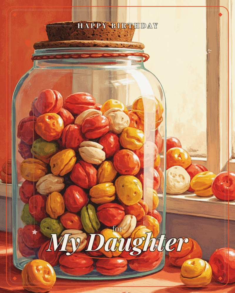 A glass jar stopped with a cork sits on a warm windowsill, packed tight with round candies in red, orange, gold, green and cream, a birthday e-card design