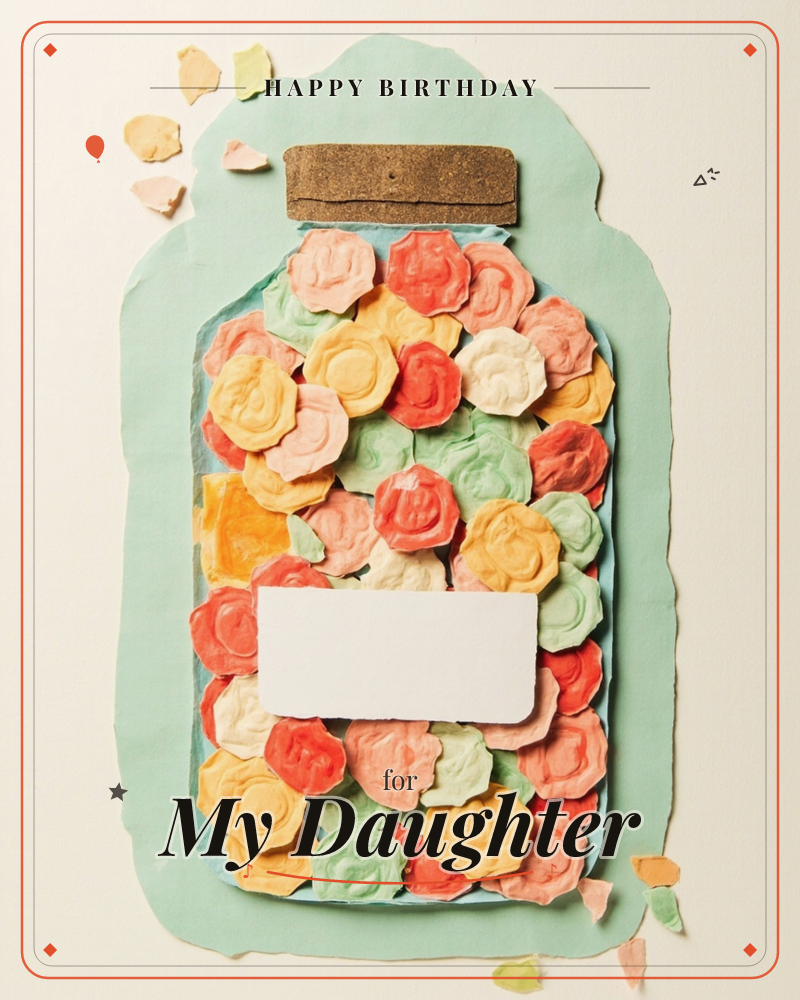 A paper-craft jar cut from mint-green cardboard sits on a cream background, its cork lid made of layered brown paper, a birthday e-card design