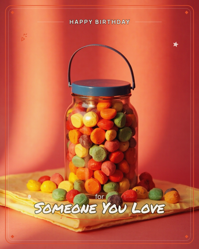 A glass jar with a blue lid and metal handle sits packed full of round candies in orange, yellow, green, red and brown, with a handful spilled out onto…, a birthday e-card design