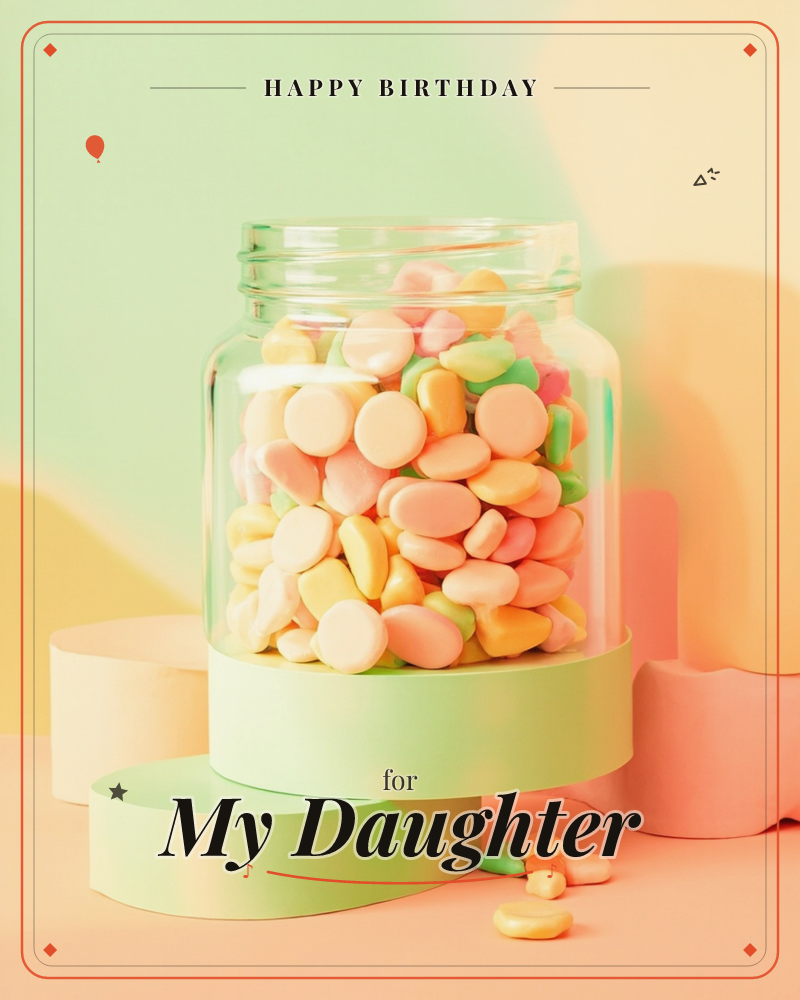 A glass jar brimming with pastel candies sits atop rounded pedestals against a soft gradient backdrop of green, peach and yellow, a birthday e-card design