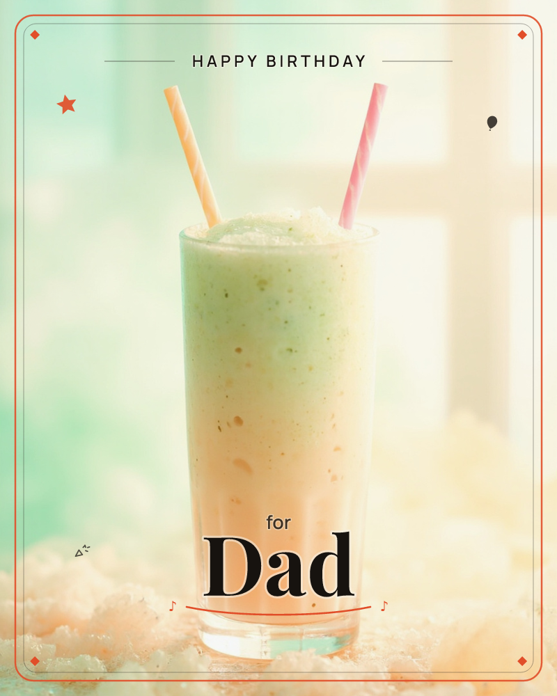 A tall glass holds a layered smoothie fading from soft peach at the base to pale green froth on top, two paper straws, one yellow, one pink, crossed…, a birthday e-card design