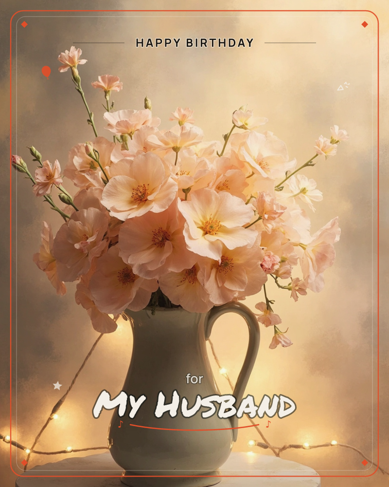 A cream ceramic pitcher overflows with pale peach and blush blossoms, their thin stems arching outward against a hazy golden-brown backdrop, a birthday e-card design
