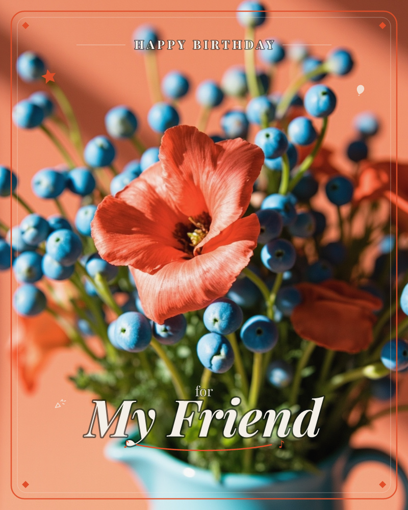 A close-up photograph shows coral-red poppies mixed with clusters of powdery blue berries, arranged in a small turquoise jug against a warm…, a birthday e-card design