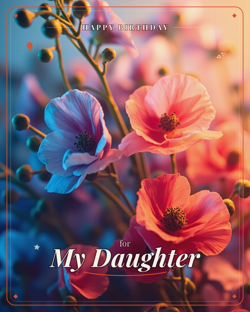 A close-up cluster of poppy-like blooms glows in warm evening light, their petals shifting from cool lavender-blue in shadow to fiery coral where the…, a birthday e-card design