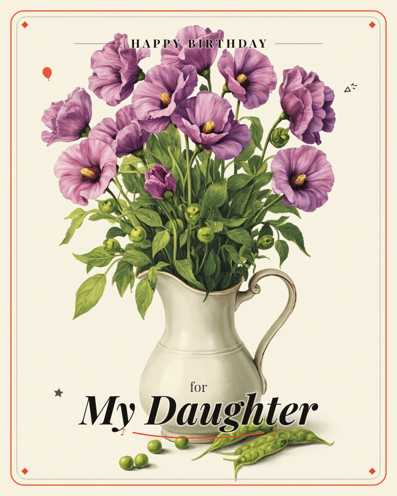 A cream ceramic pitcher overflows with purple poppy-like blooms and green foliage, their golden centers glowing against the petals, a birthday e-card design