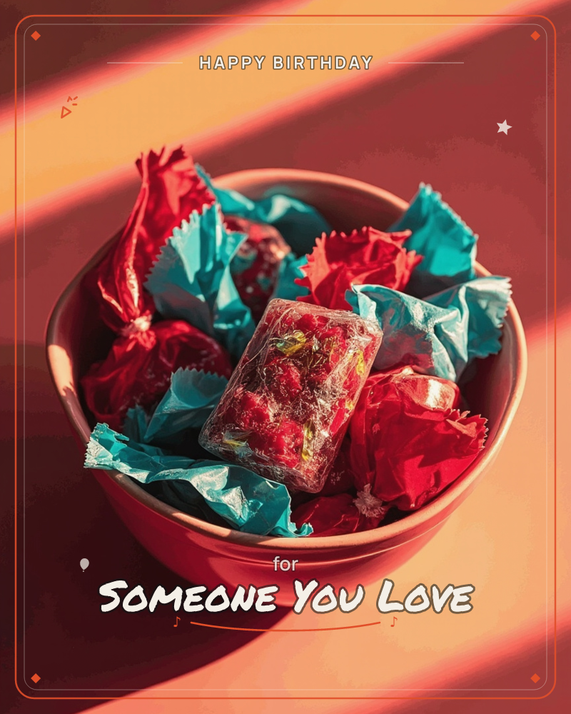 A pink ceramic bowl sits in warm slanted light, filled with candies twisted up in red and turquoise cellophane wrappers, a birthday e-card design