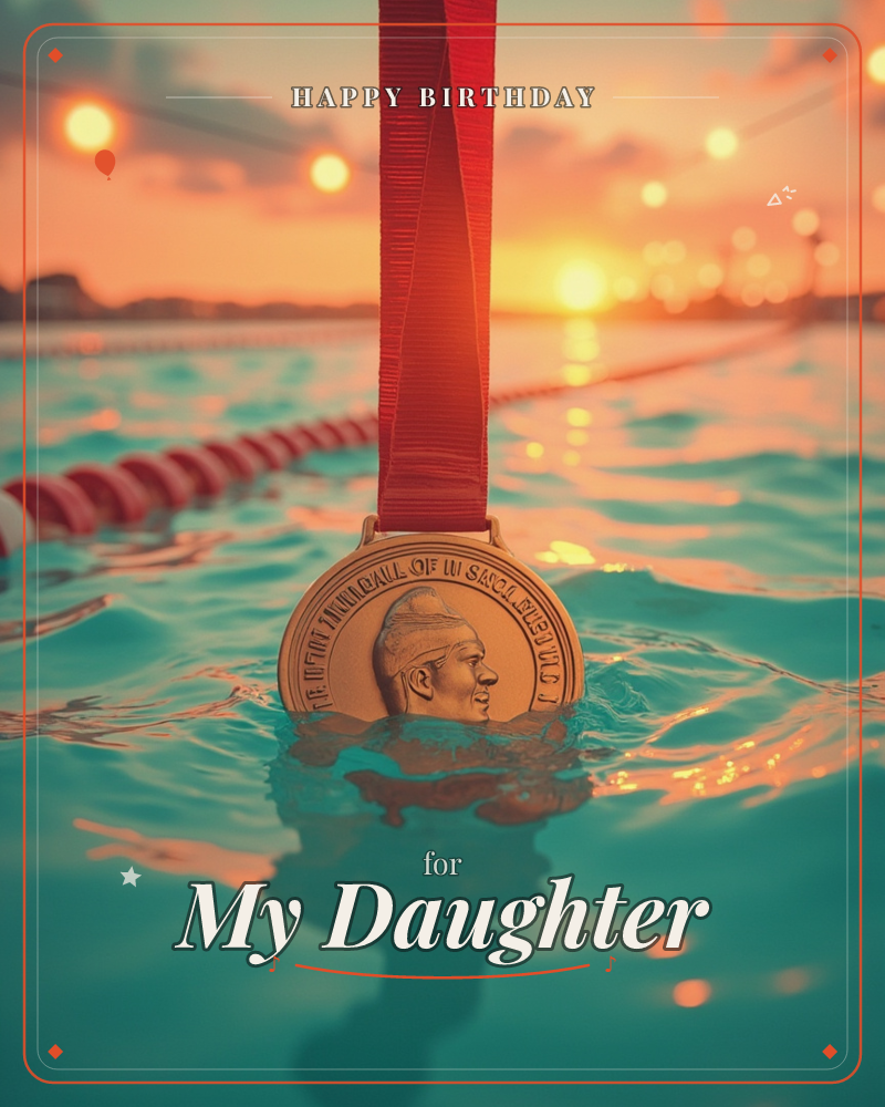 A gold medal on a red ribbon floats half-submerged in the turquoise water of a swimming pool at sunset, with lane-dividing floats trailing off toward a…, a birthday e-card design