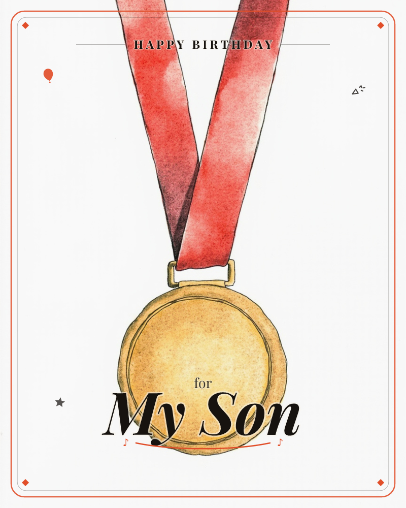 A gold medal hangs from a wide red ribbon, painted in loose watercolour against a plain white background, a birthday e-card design