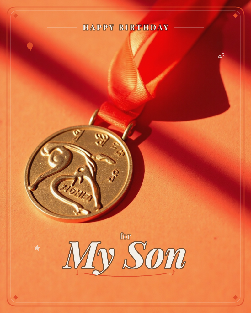A gold gymnastics medal with an embossed figure mid-flip lies on a coral-orange surface, its red ribbon looped above and casting long diagonal shadows…, a birthday e-card design
