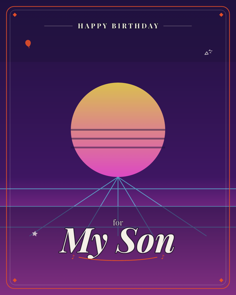 A retro synthwave sun glows in bands of gold, orange and pink against a deep purple sky, sliced by three thin horizontal lines, a birthday e-card design by @DittyCityTeam