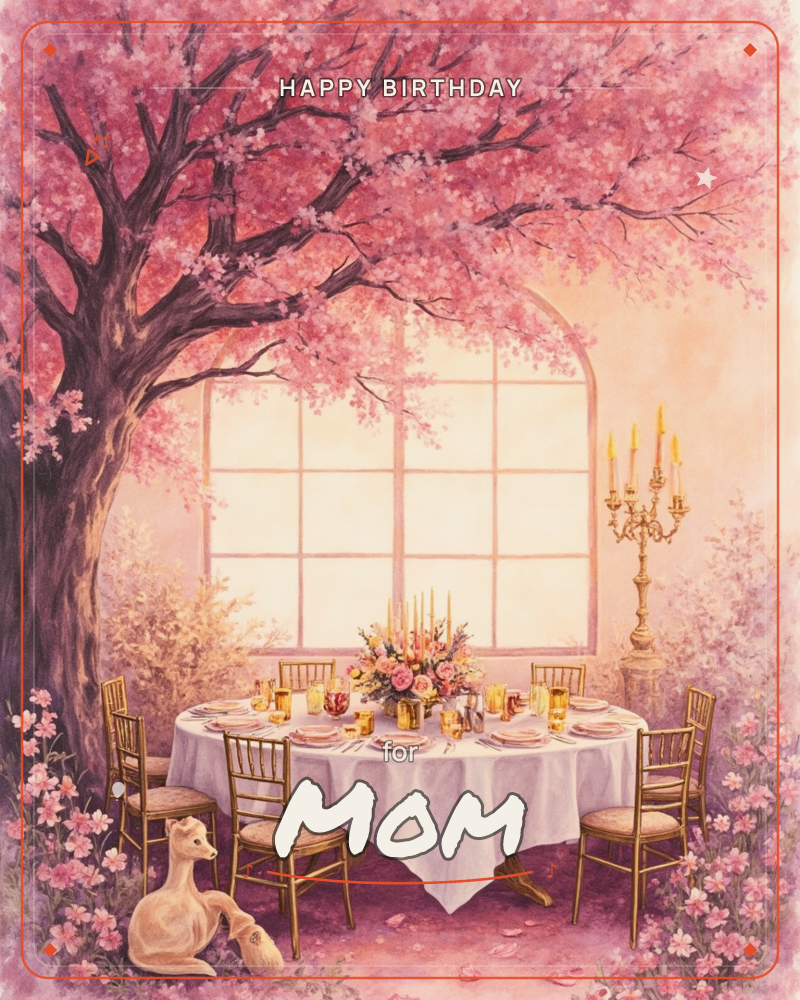 A round table is set for a candlelit dinner beneath a sprawling cherry blossom tree, its pink canopy arching over a grand arched window glowing with…, a birthday e-card design