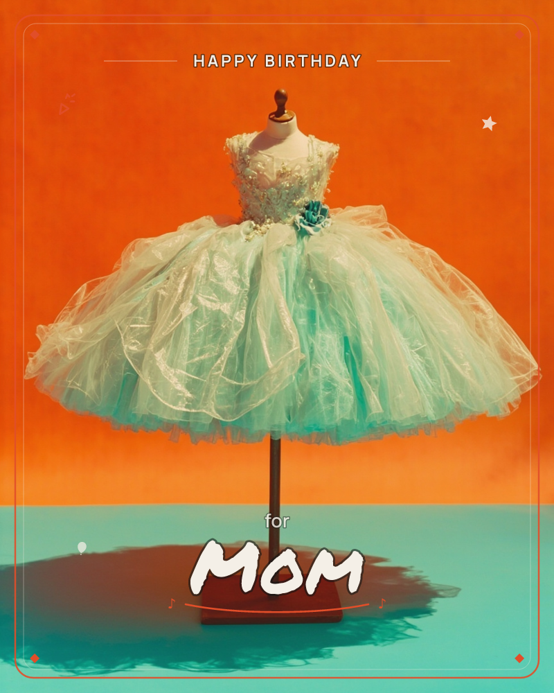 A miniature tulle party dress in seafoam and cream stands on a small wooden mannequin stand, its skirt puffed out in layers of lace and netting with a…, a birthday e-card design