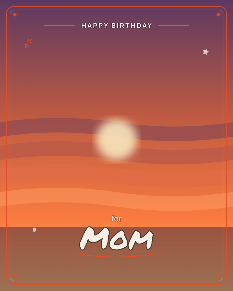 A glowing sun hangs low over a flat horizon, its light softened into a hazy halo against wavy bands of dusky cloud, a birthday e-card design by @DittyCityTeam