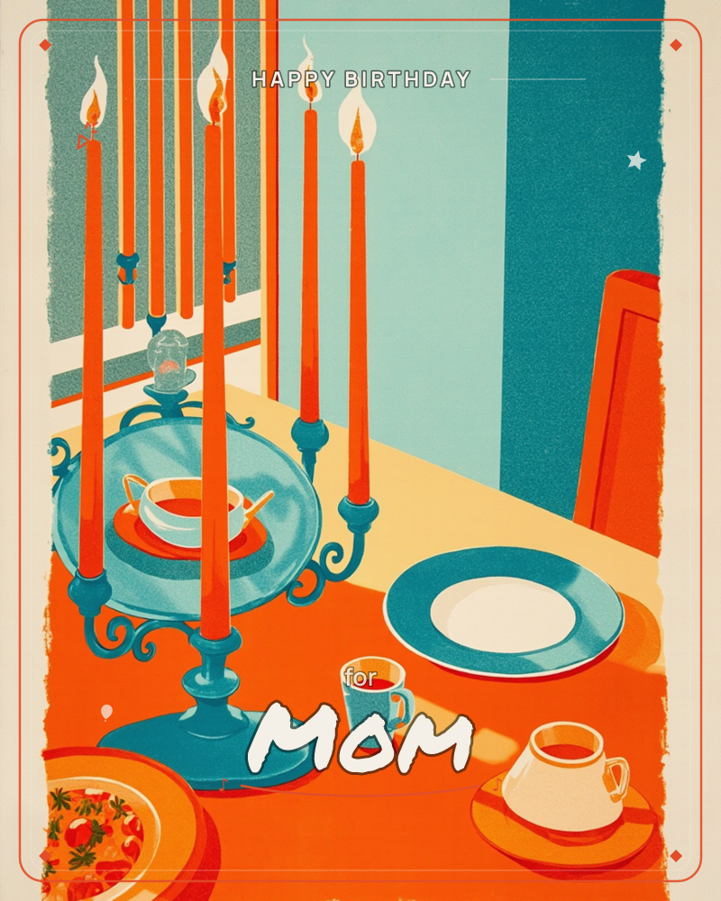 A dining table glows under tall orange candles set in an ornate teal candelabra, their reflections doubled in a mirror behind, a birthday e-card design