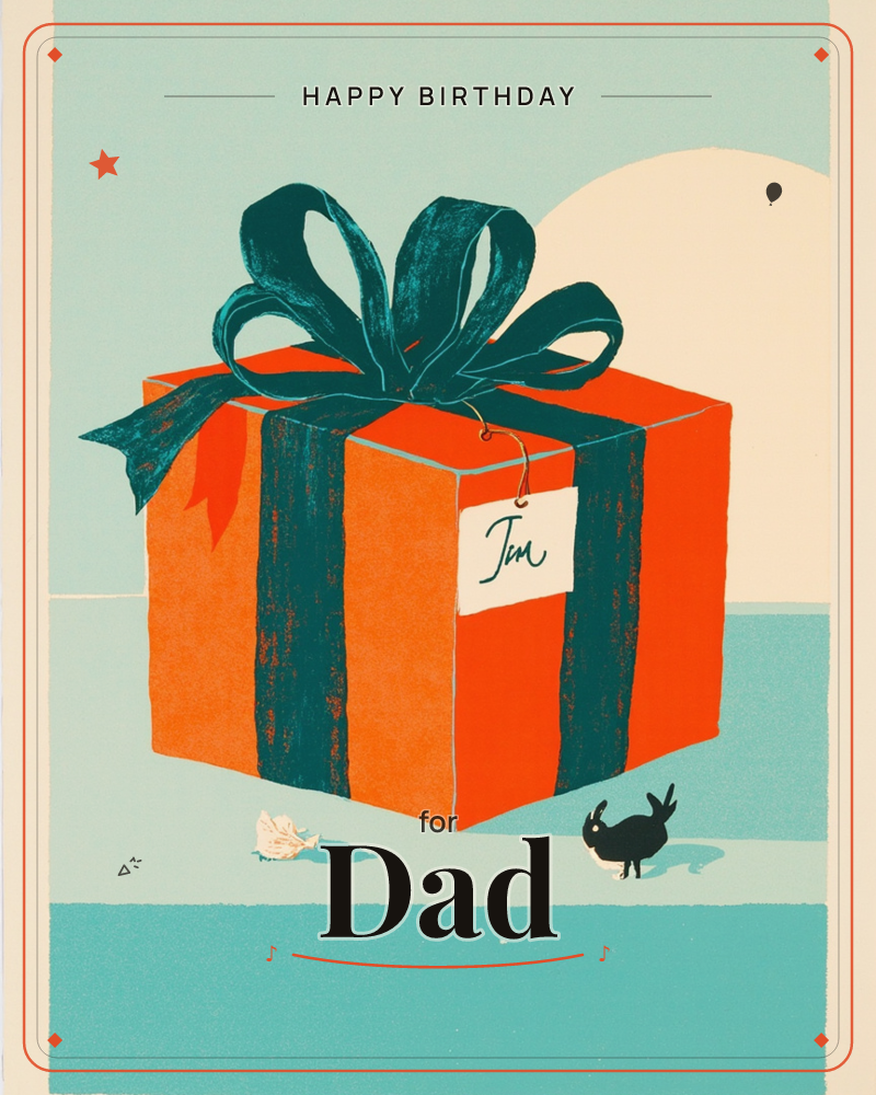A large orange gift box dominates the page, wrapped in a bold teal ribbon tied into a big looping bow, with a small cream gift tag hanging from string, a birthday e-card design