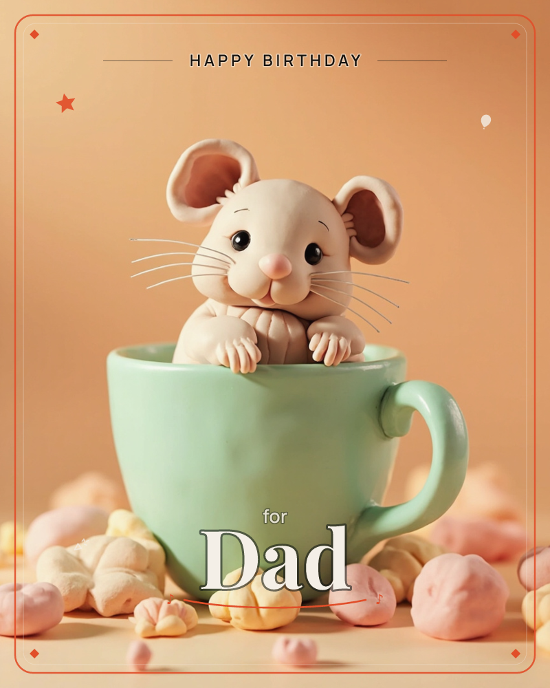 A round-eared clay mouse peeks out of a mint-green teacup, its little paws resting on the rim, surrounded by a scatter of soft pale petals, a birthday e-card design