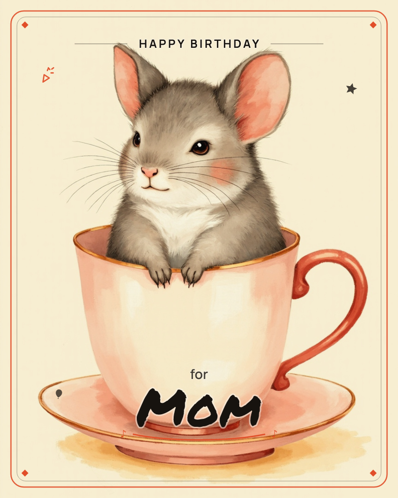 A round-eared chinstilla-like creature peeks out from inside a pink teacup, its front paws draped over the rim and its whiskers spread wide, a birthday e-card design