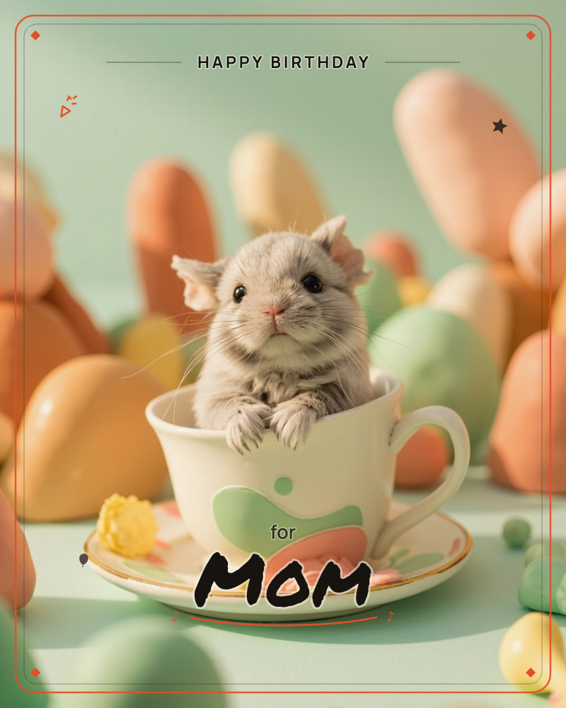 A fluffy grey chinchilla perches inside a painted teacup and saucer, paws resting on the rim, surrounded by smooth oversized pastel shapes like giant…, a birthday e-card design