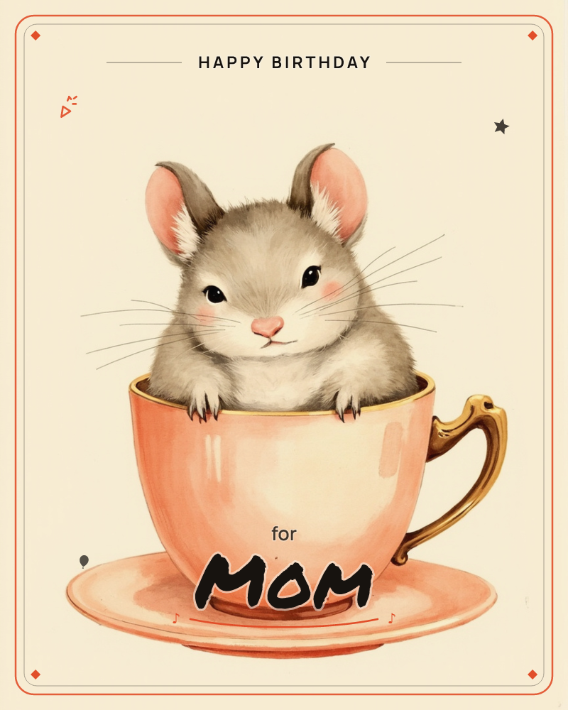 A round-eyed grey mouse peeks out of a peach teacup with a gilded gold handle, its paws resting on the rim and whiskers spread wide, a birthday e-card design