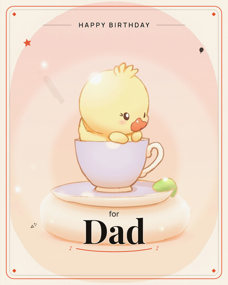 A round-bodied yellow chick with a fluffy tuft of head-feathers perches inside a lavender teacup, resting its little wings on the rim beside a curled leaf, a birthday e-card design