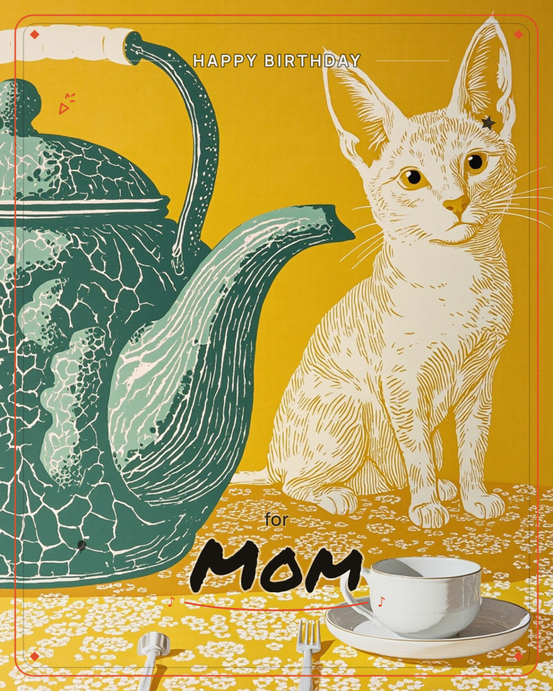 A large teal teapot with a crackled, textured glaze sits beside an illustrated cream-coloured cat on a mustard-yellow tablecloth scattered with small…, a birthday e-card design